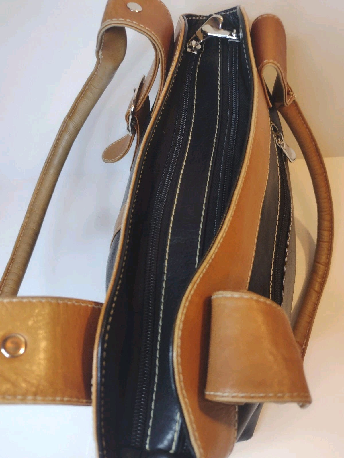 Genuine Leather Shoulder Tote Bag Black Tan Y2K Buckle Satchel Work Office Purse