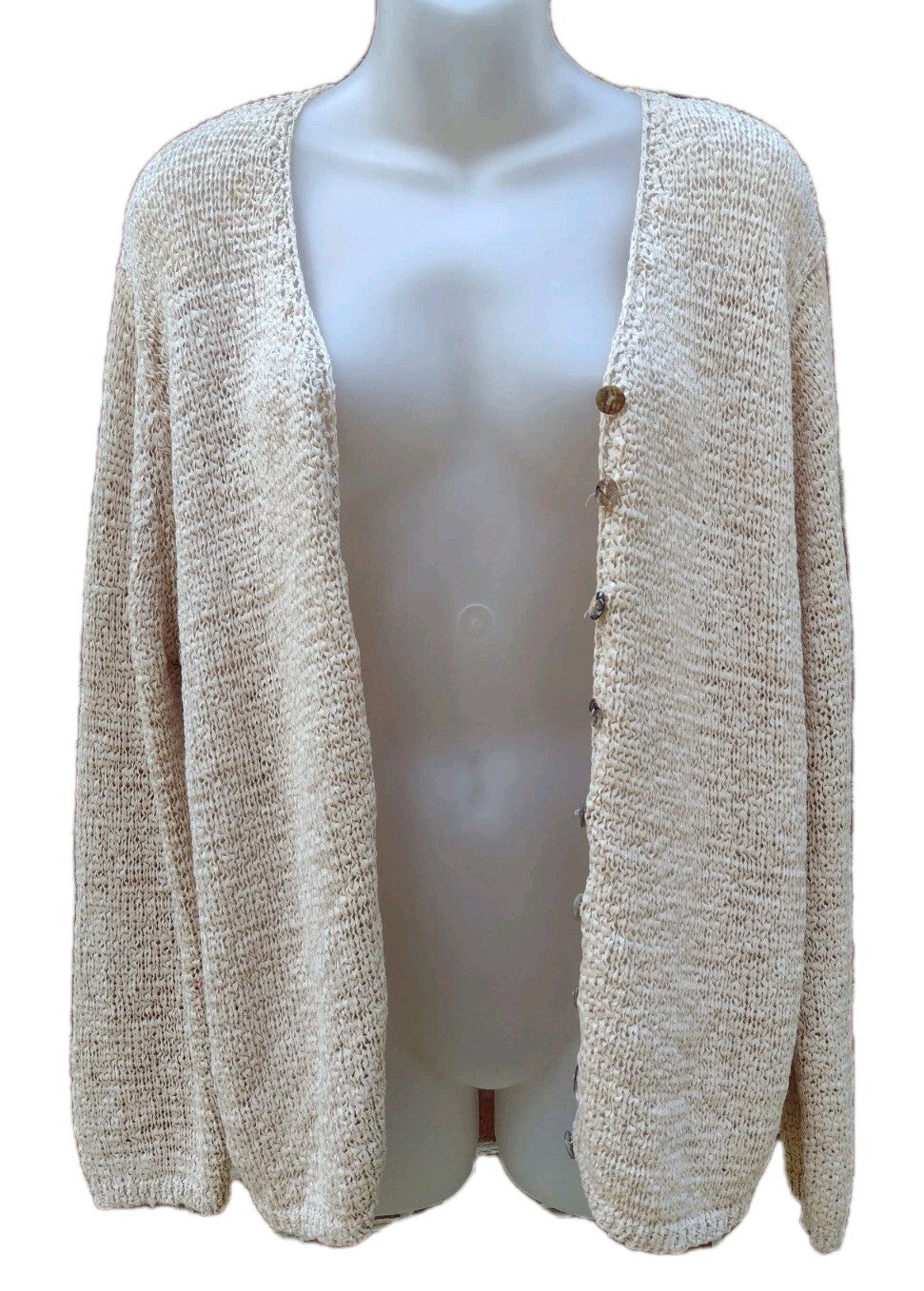 Open Knit Cardigan Sweater 1X Vintage 80s Oatmeal Tape Yarn Shell Buttons Boho