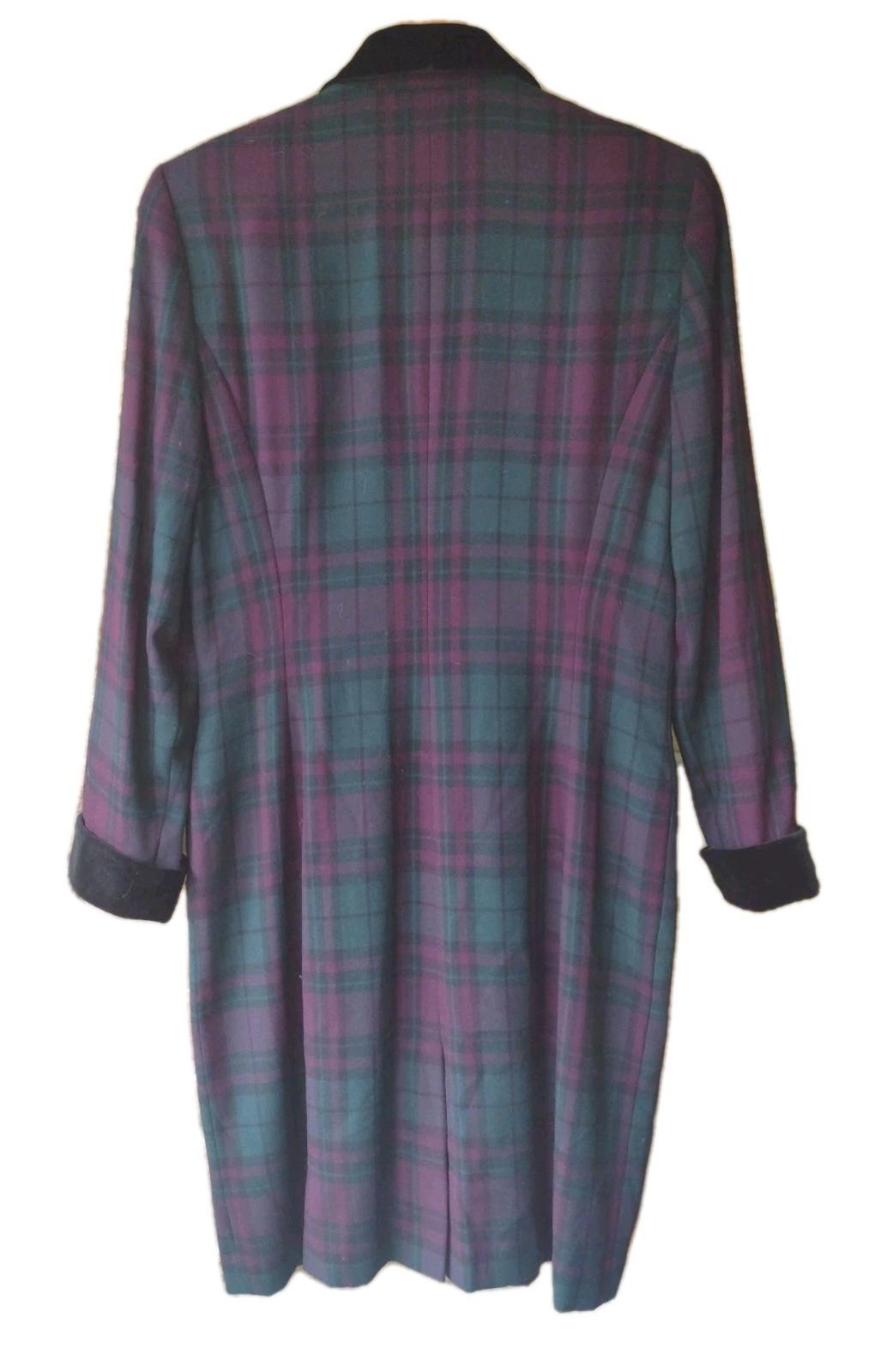VTG Kasper ASL Petite Dress Coat Womens Green Plaid Flannel Velvet Collar Cuffs
