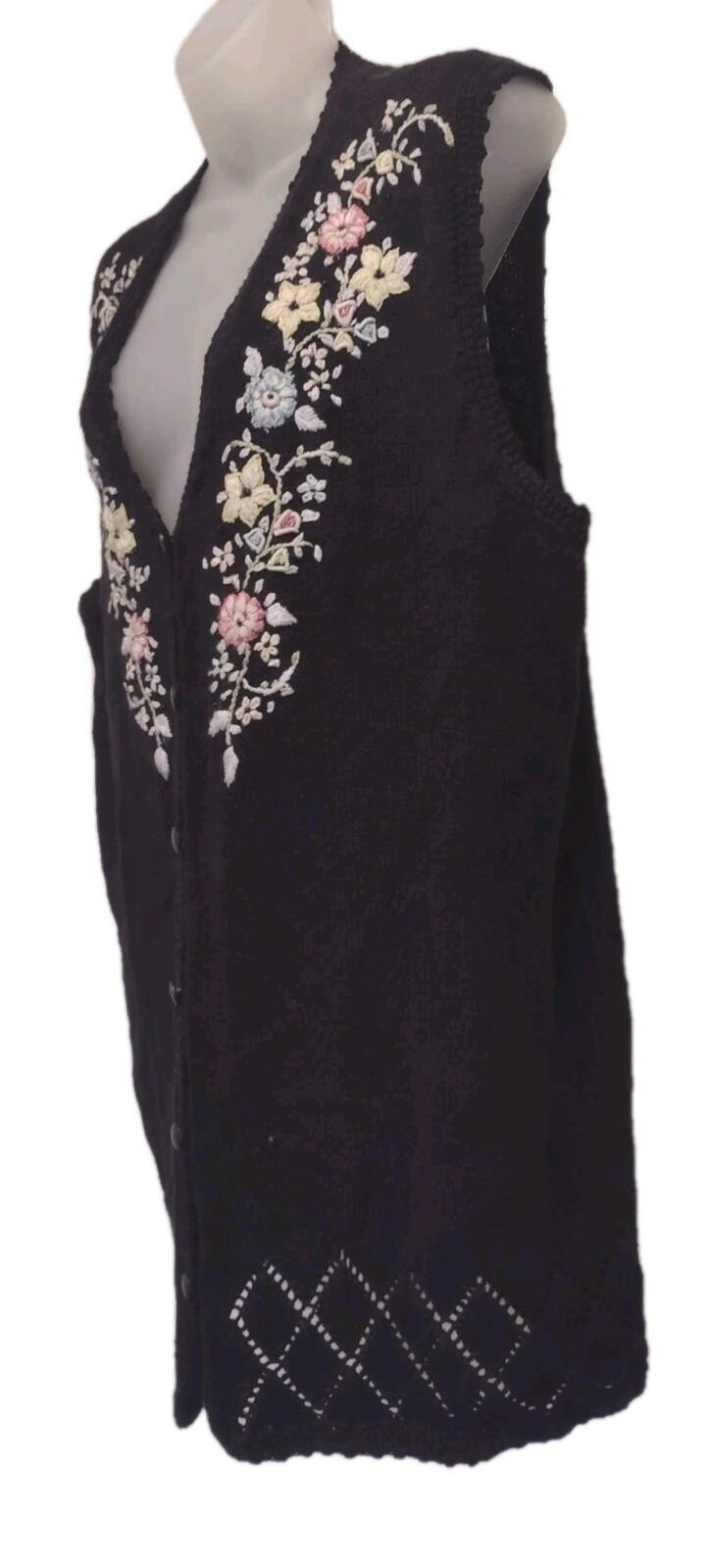 VTG 90s XL Ramie Cotton Floral Embroidered Knit Vest Black