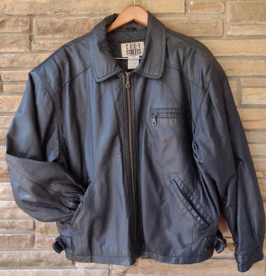VTG City Streets Real Leather Black Moto Jacket L Y2K Brass YKK RN93677 Rare