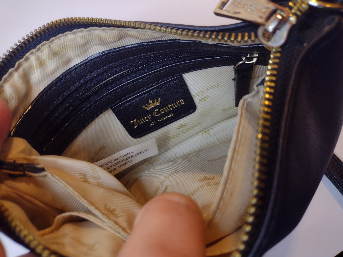 Juicy Couture Black Crossbody Bag Faux Leather Y2K Gold Logo Adjustable Strap
