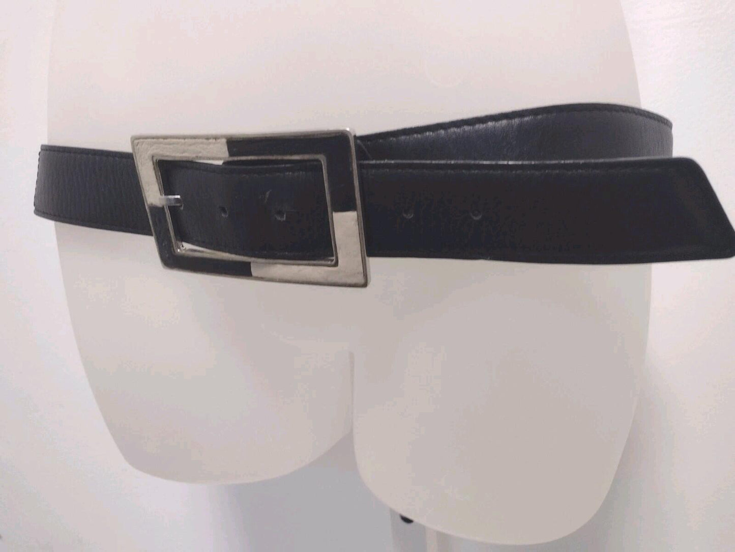 Vintage 70s LAND Leather Belt Black Soft Leather Silver Buckle Logo 32–36 In