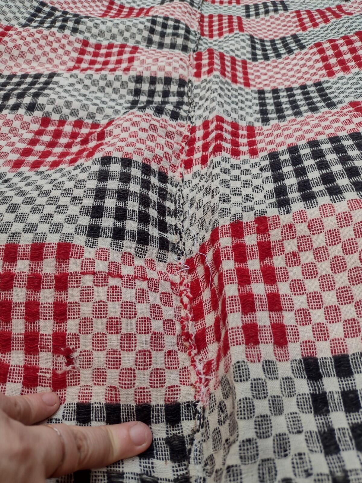 1930s Depression Wool Needlewoven Feed Sack Throw Blanket Red Black Folk 82x60