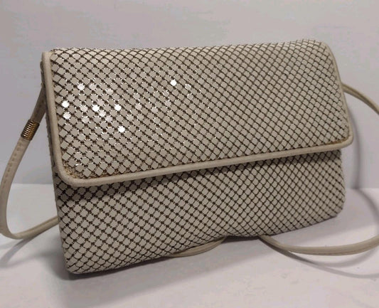 Vintage Whiting & Davis Mesh Clutch Shoulder Bag Beige Leather Hong Kong