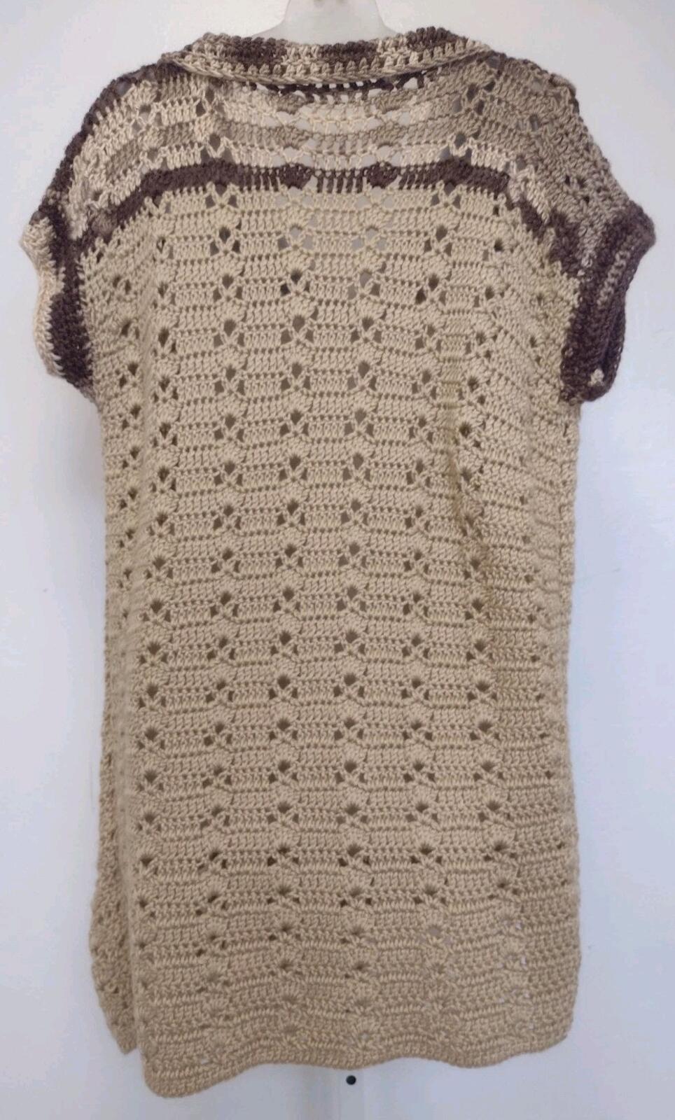 Vintage Handmade Crochet Vest Tunic L Open Weave Boho MOP Button Asymmetrical