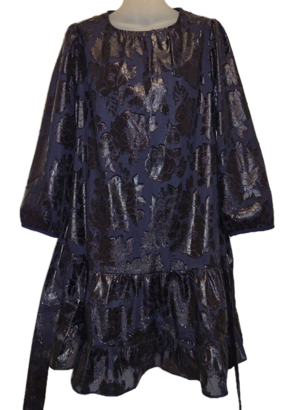 Kate Spade Full Bloom Dress Whimsy Goth Metallic Floral Tiered Ruffle Belt L