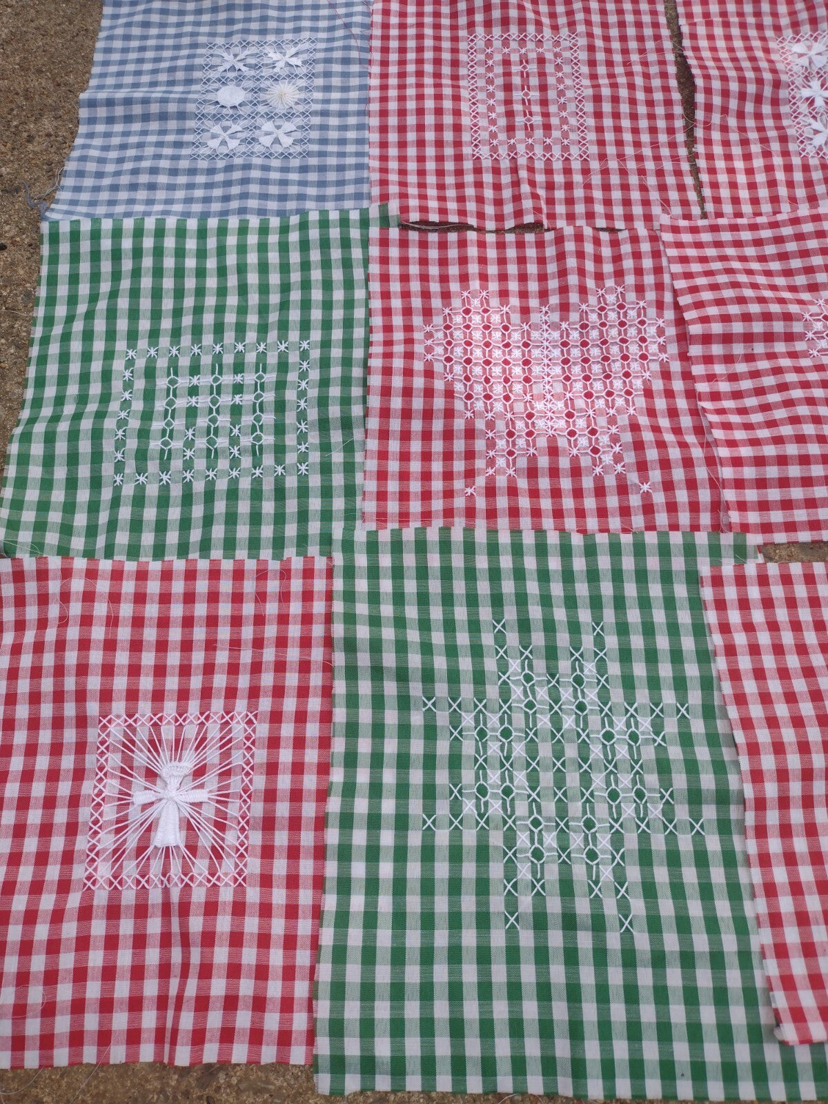 20 Vintage Chicken Scratch Gingham Quilt Blocks Hand Embroidered Folk Art