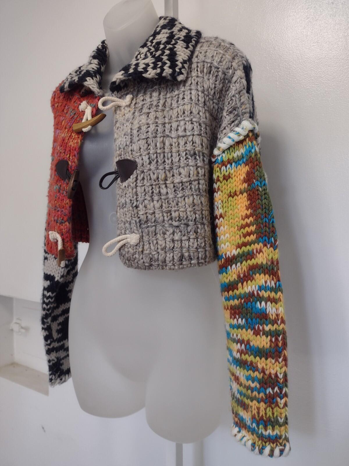 BDG Urban Outfitters Flynn Toggle Cardigan Chunky Knit Patchwork Cropped Sz XS