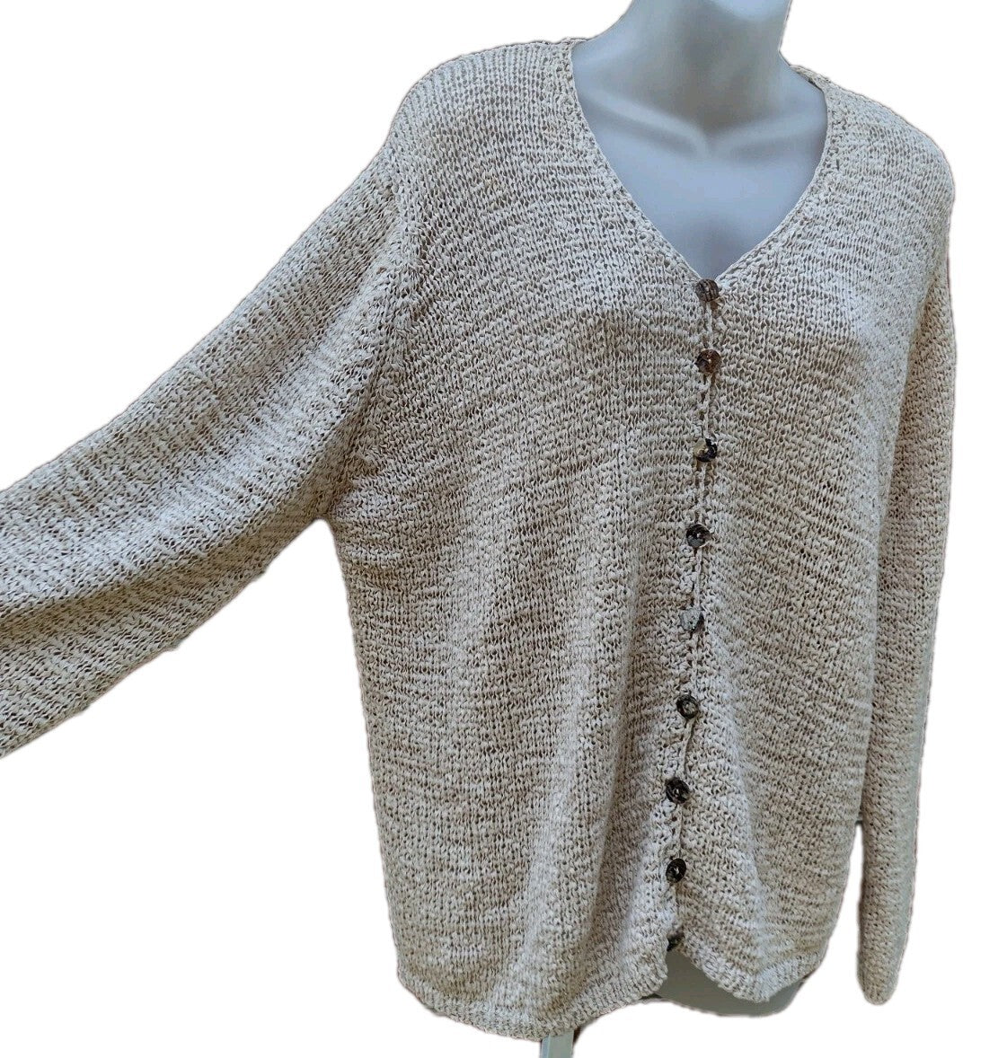 Open Knit Cardigan Sweater 1X Vintage 80s Oatmeal Tape Yarn Shell Buttons Boho