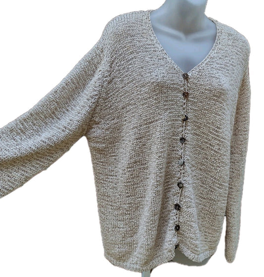 Open Knit Cardigan Sweater 1X Vintage 80s Oatmeal Tape Yarn Shell Buttons Boho