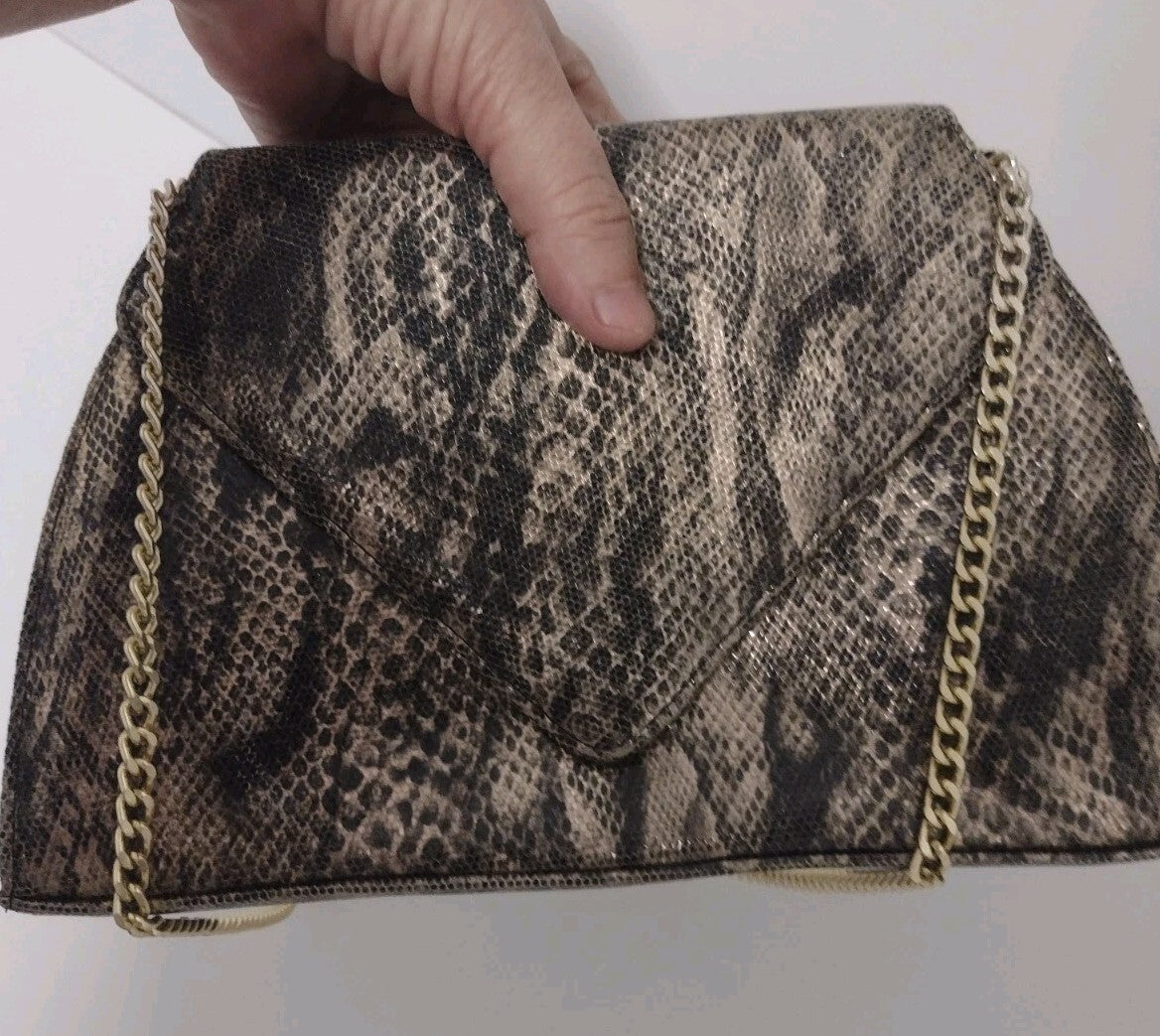 Vintage Timothy Hitsman Spain Metallic Snakeskin Envelope Clutch Chain Purse Bag