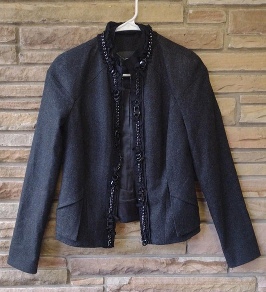 Magaschoni Wool Cashmere Jacket 8 Braided Lace Trim Flared Hem Morocco