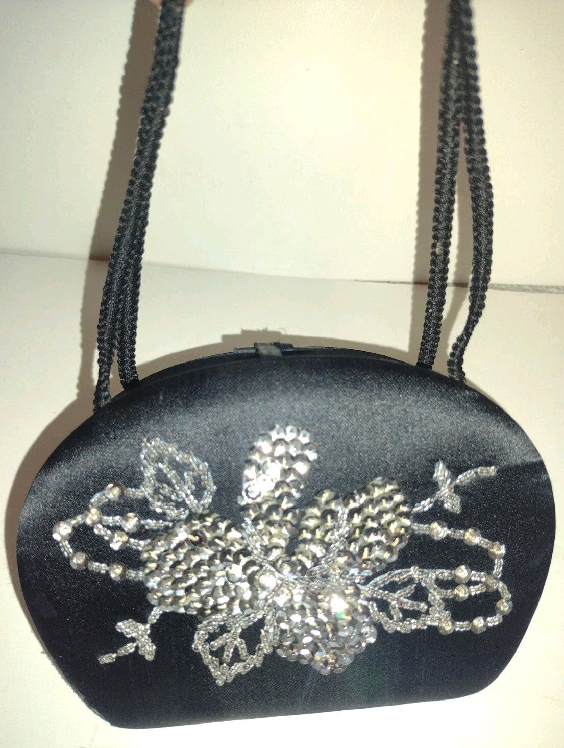 VTG 50s Black Satin Beaded Evening Bag Mirror Cocktail Formal Old Hollywood