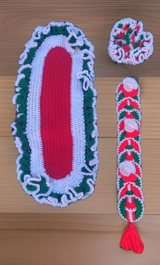 Vintage Handmade Crochet Christmas Decor Set Santa Table Runner Wall Decor Doily