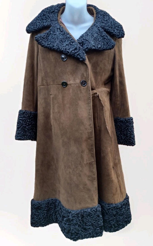 VTG 60s Anne Klein Mallory Penny Lane Suede Coat Curly Lamb Trim Boho Sz 10
