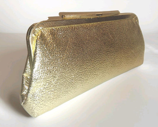Vintage Gold Foil Faux Leather Clutch w/ Curved Clasp 70s Glam Bridal