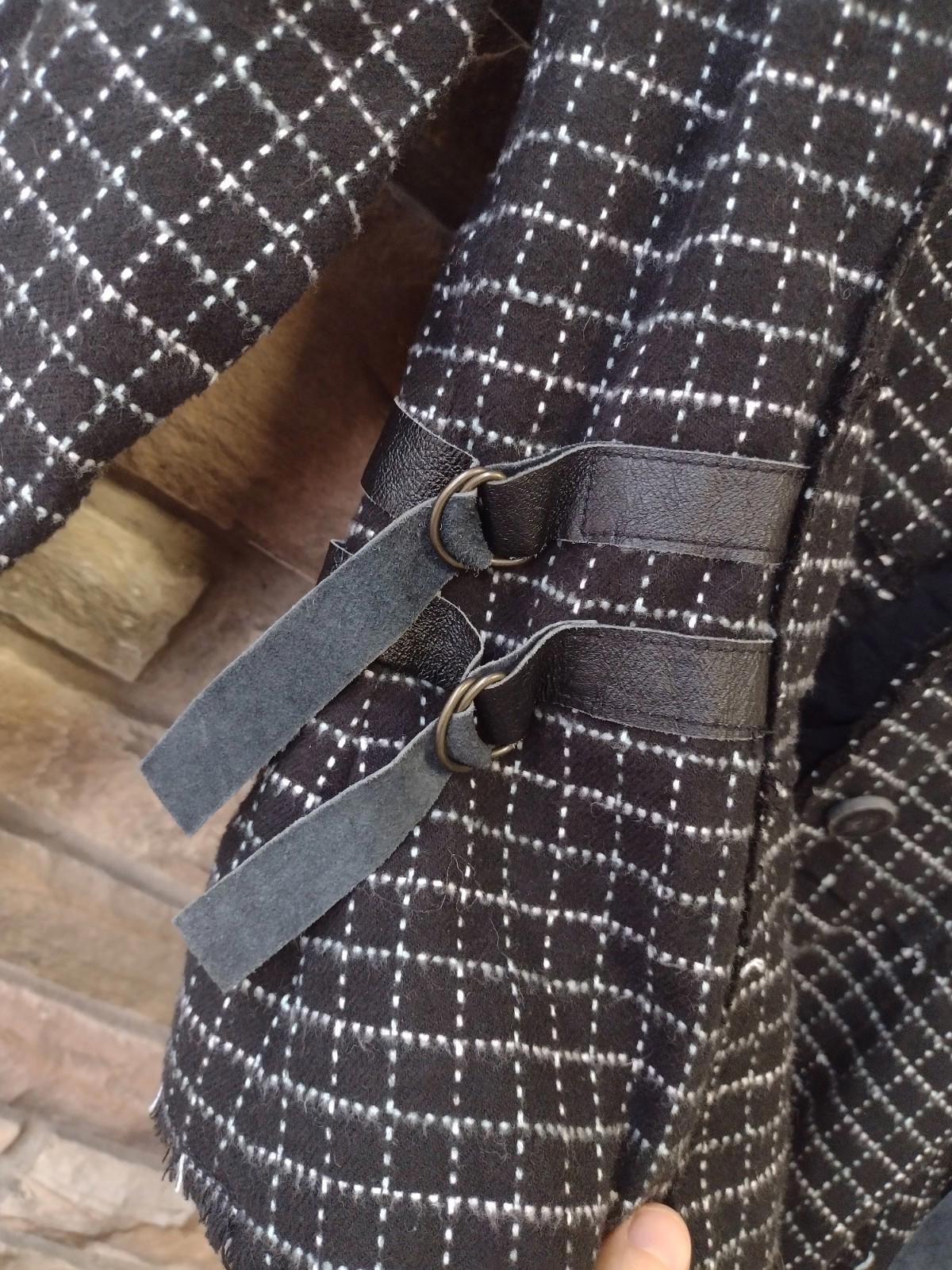VTG 90s Y2K Free People Grid Tweed Blazer Jacket Size 8 Raw Edges Leather Straps