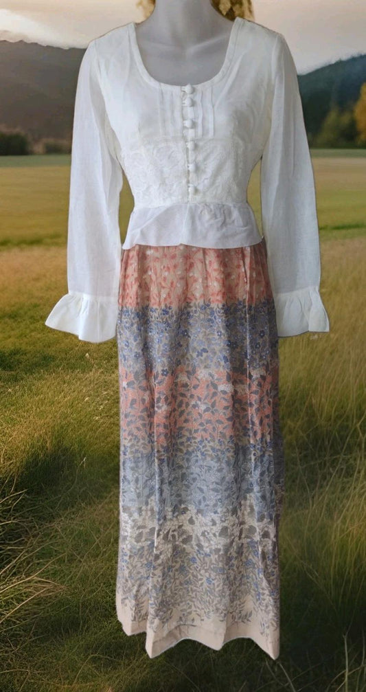 Vintage 70s Sears Prairie Maxi Dress White Pintuck Bodice Floral Skirt Size 11