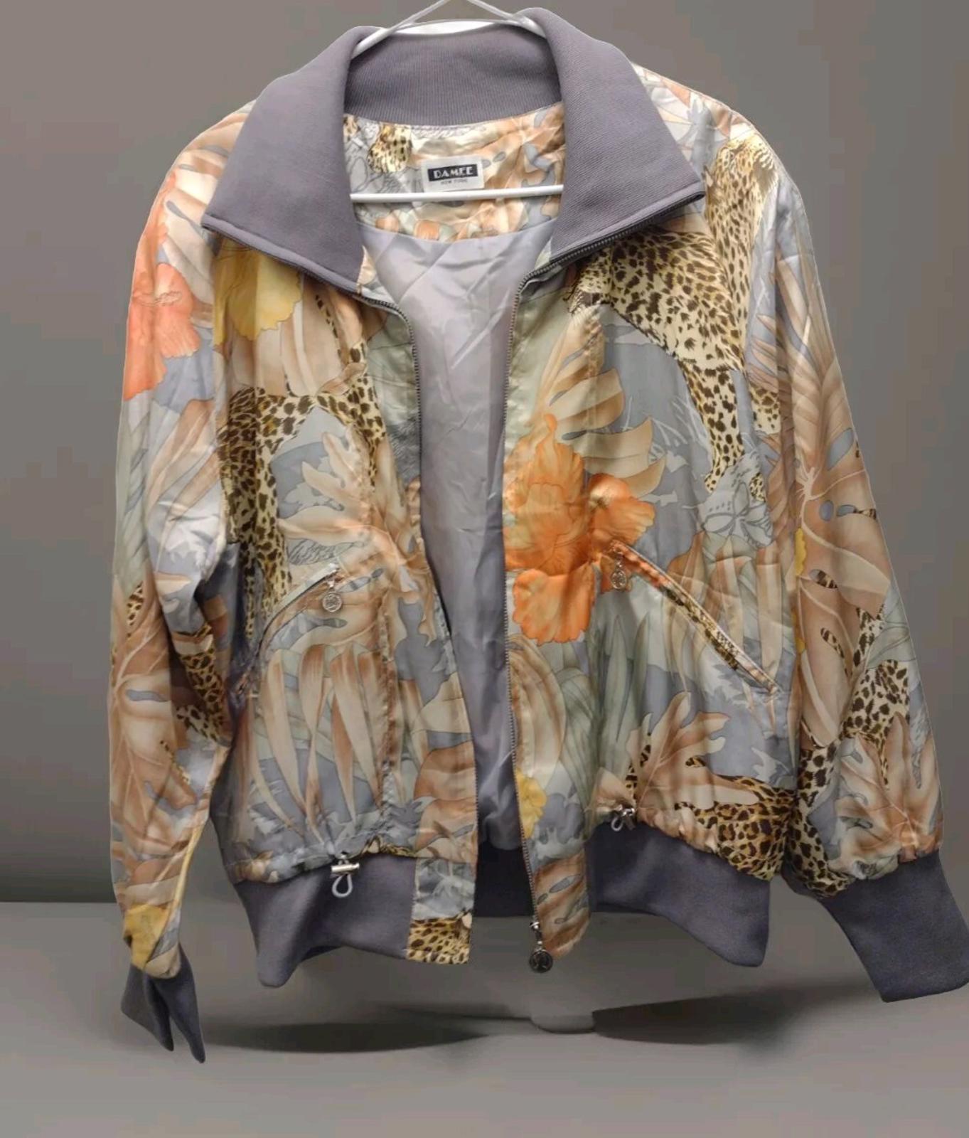 Vintage Damee NY Satin Bomber Jacket Cheetah  Zip-Up Art To Wear Sz M