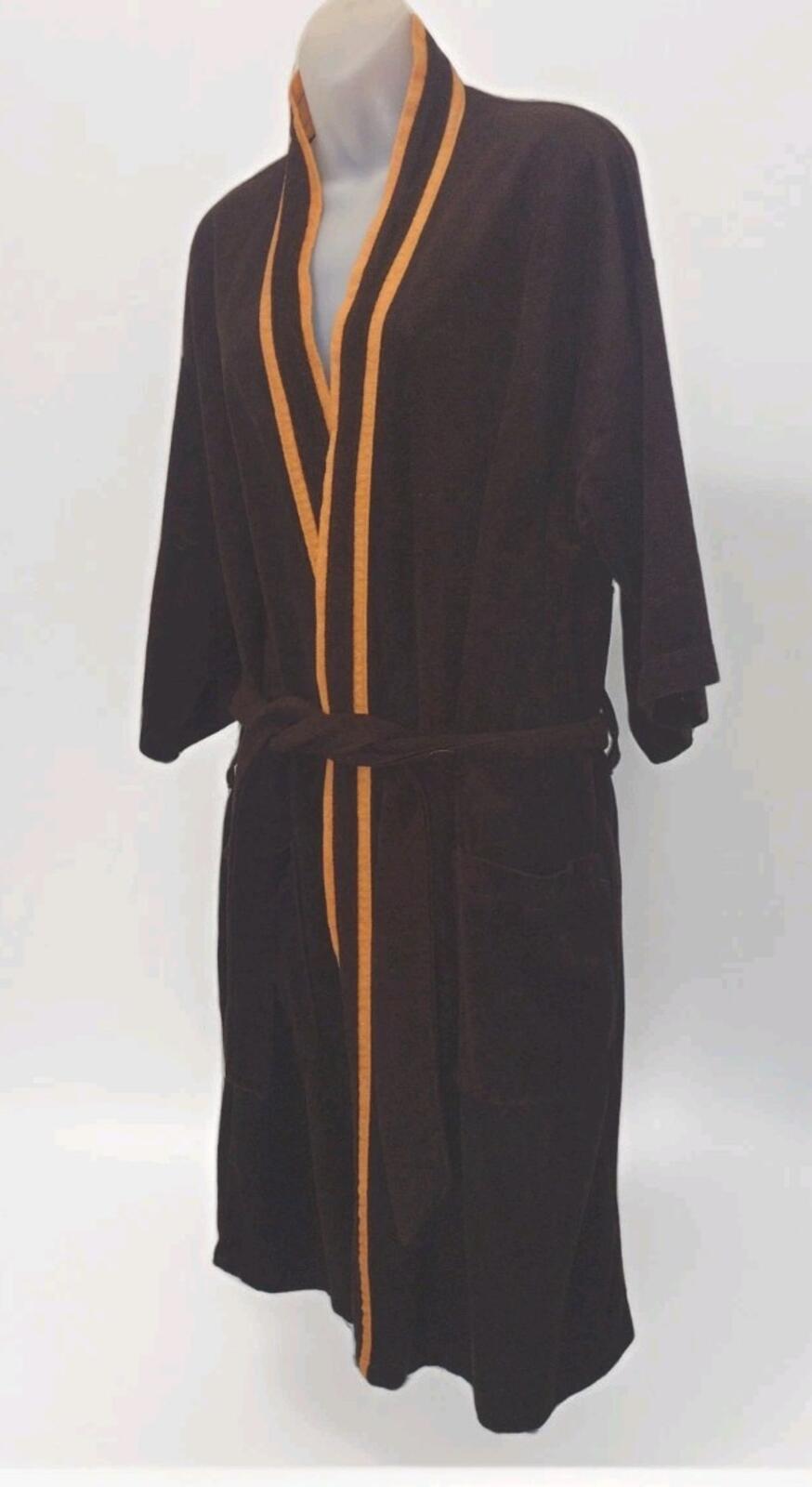 Vintage 70s Swinger Velour Robe Brown Tan Trim Belted OSFA 80s Lounge Wear