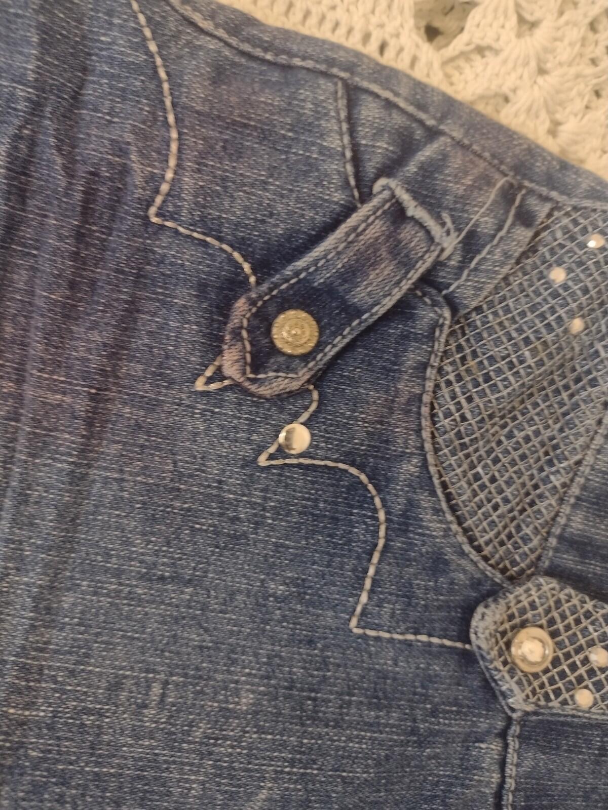 Sugar Jeans Y2K Rhinestone Distressed Denim Micro Mini Skirt Sz 9/10 Embellished