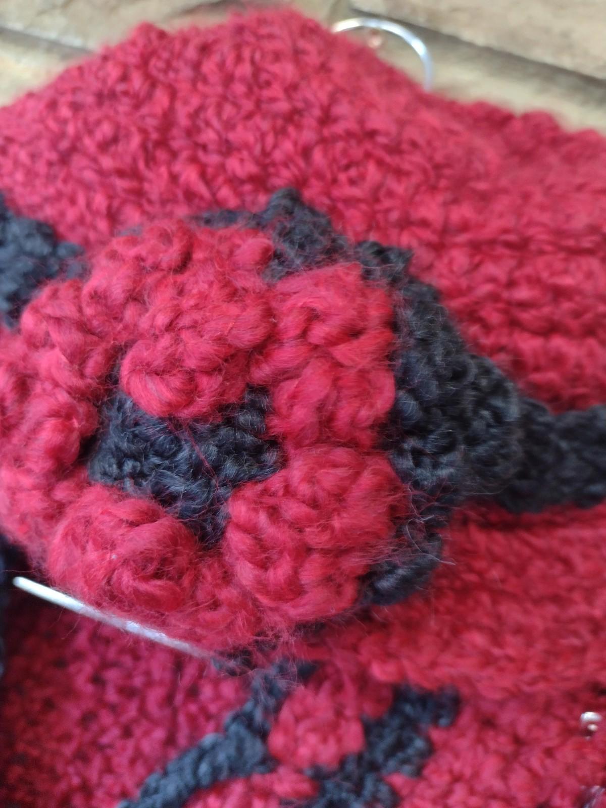 Vintage Handmade Red Black Crochet Wrap & Hat Set Fuzzy Acrylic Fringe