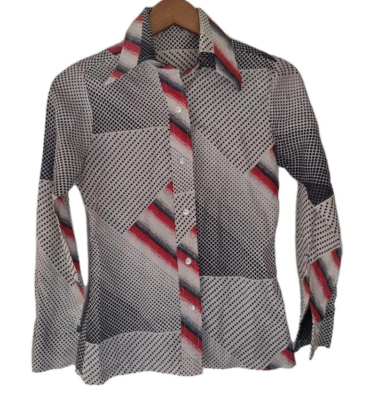 Vintage 70s ILGWU Abstract Print Shirt USA Made Spread Collar Sz S