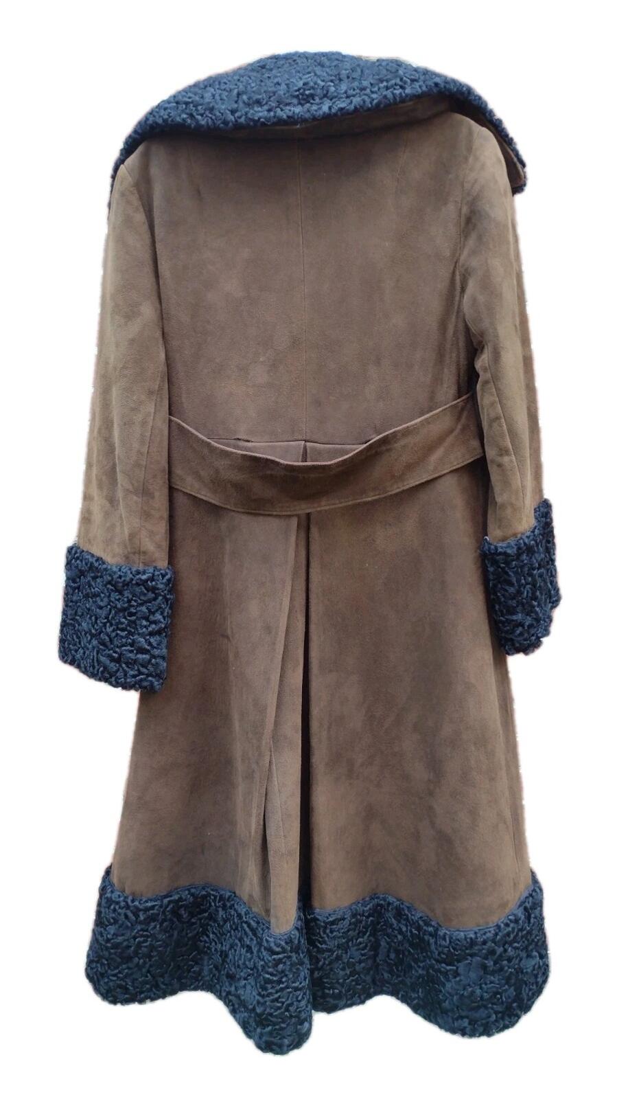 VTG 60s Anne Klein Mallory Penny Lane Suede Coat Curly Lamb Trim Boho Sz 10