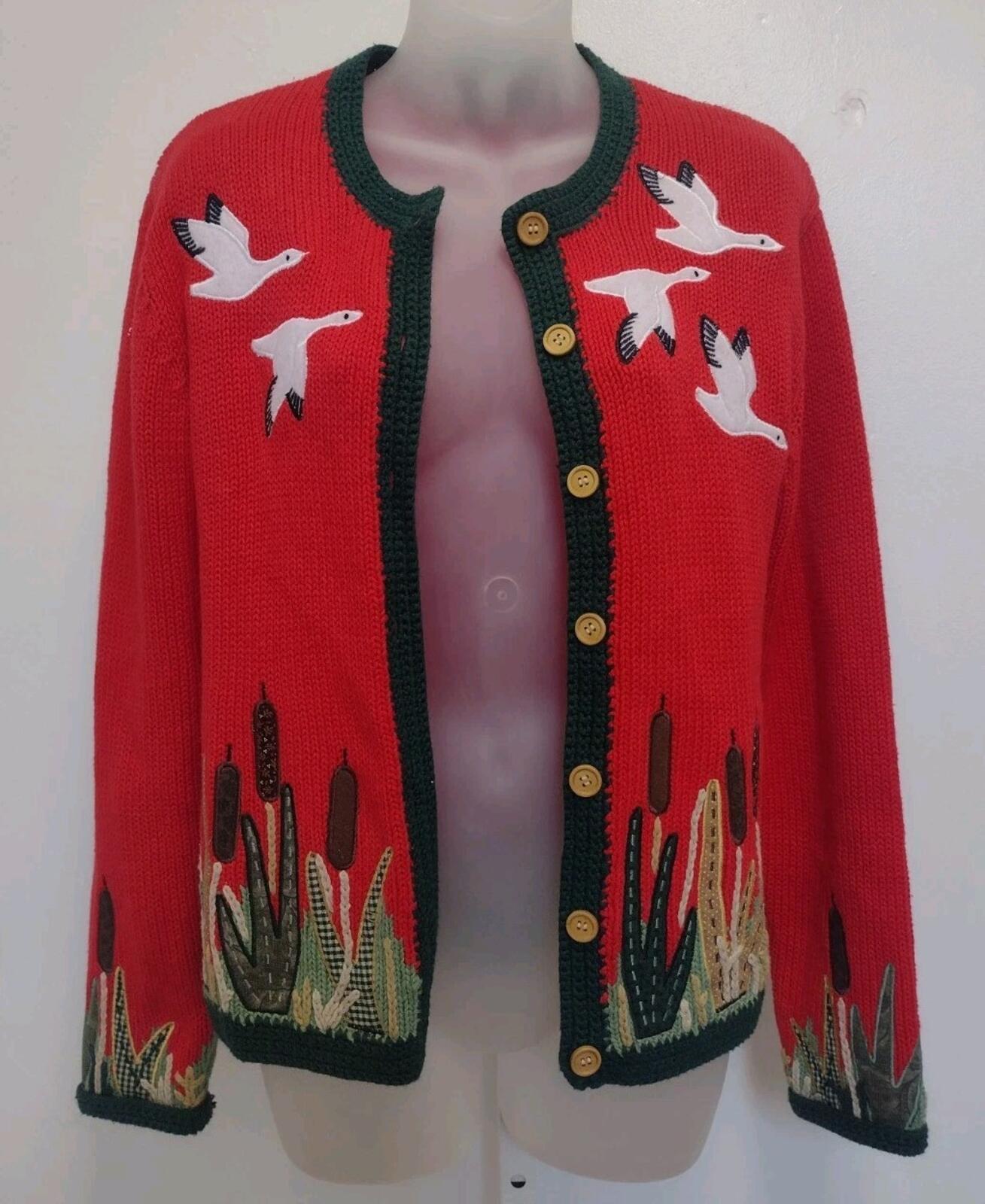 Orvis Ramie Cotton Duck Marsh Scene Sweater XS Wood Buttons Embroidered