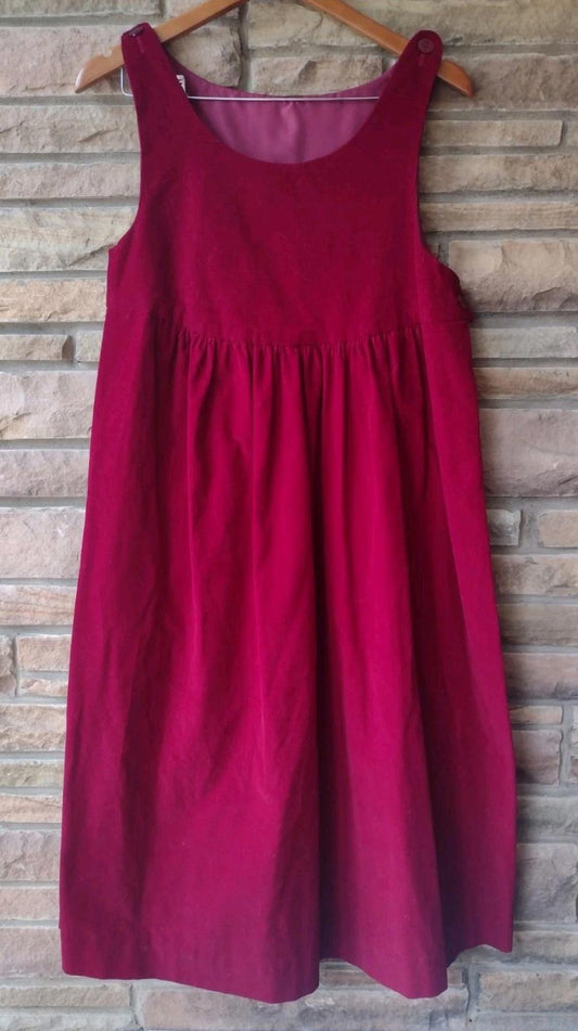 Vintage 70s Handmade Wine Corduroy Jumper Dress Satin Lined Bib Mid Calf Medium