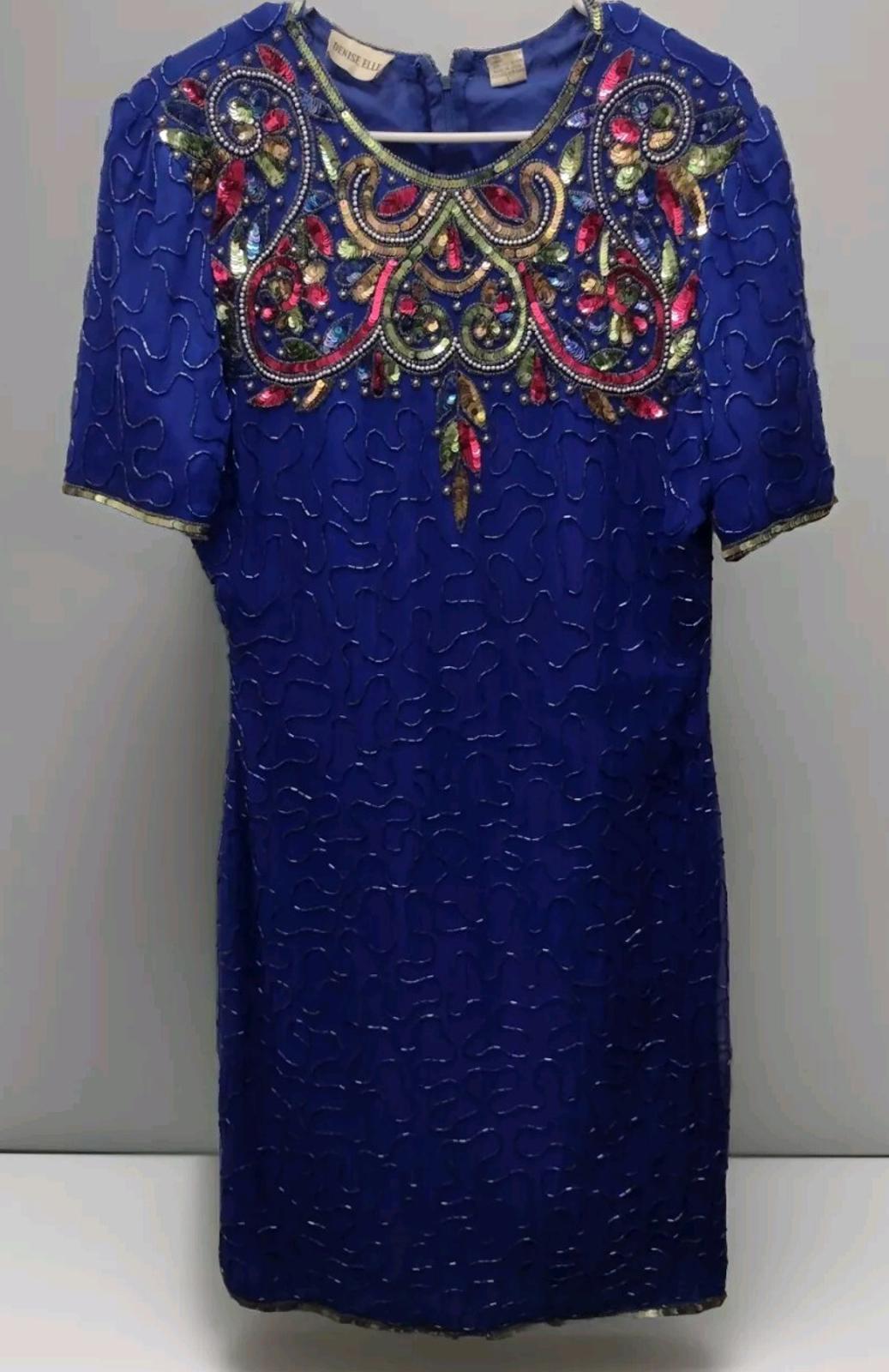 Denise Elle Vintage 80s Blue Beaded Sequin Silk Dress Sz L