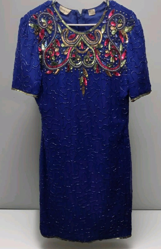 Denise Elle Vintage 80s Blue Beaded Sequin Silk Dress Sz L