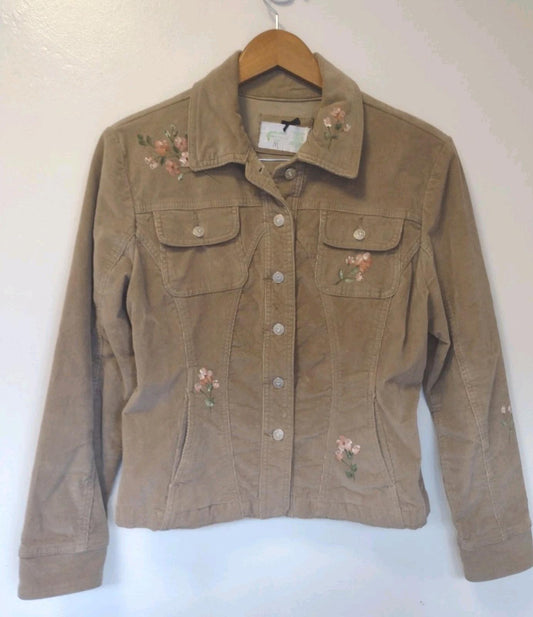 Daffy-Dills Hand Painted Floral Micro Corduroy Jacket Stretch Brown M