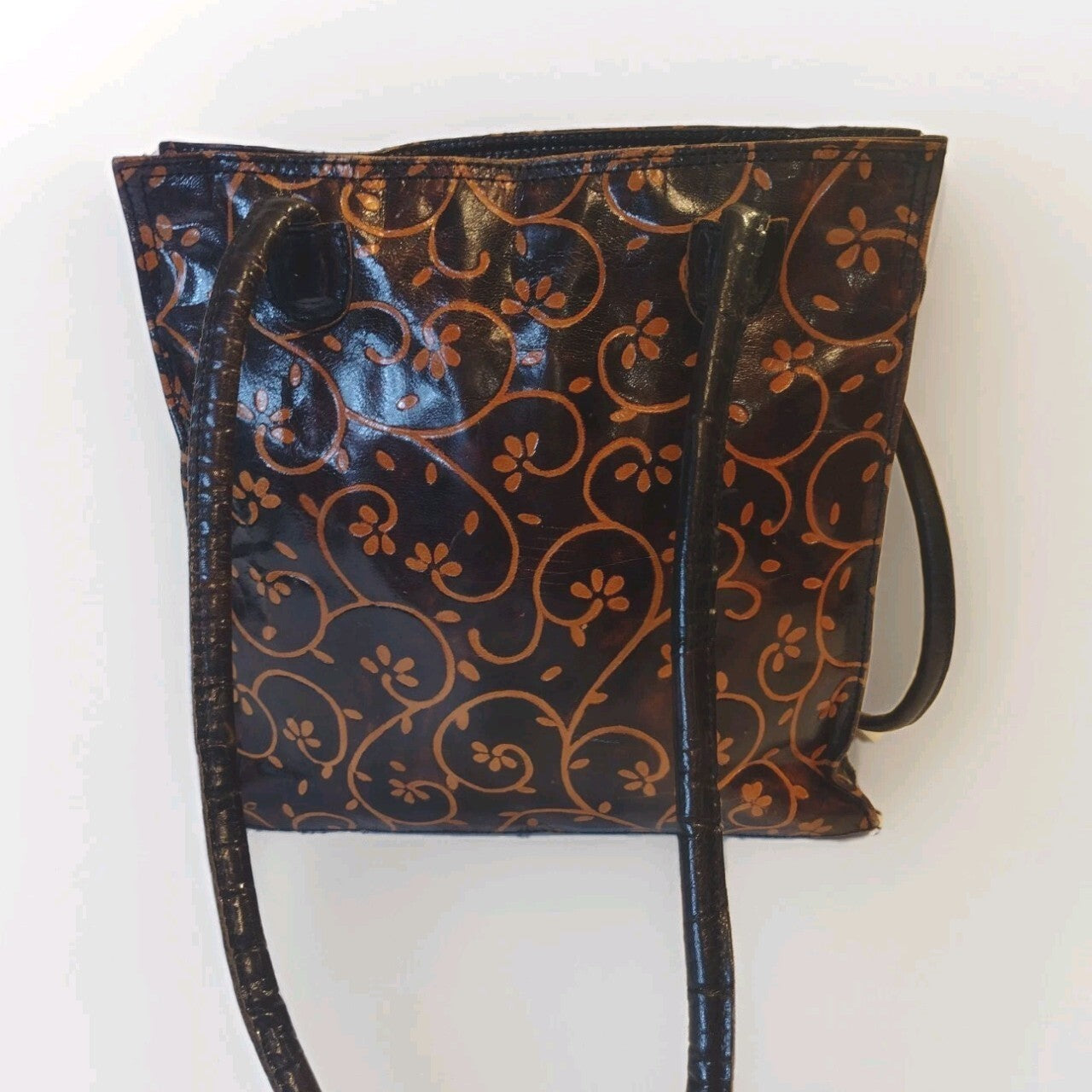 Vintage Embossed Floral Leather Tote Bag Brown Boho Western Artisan Shoulder Bag