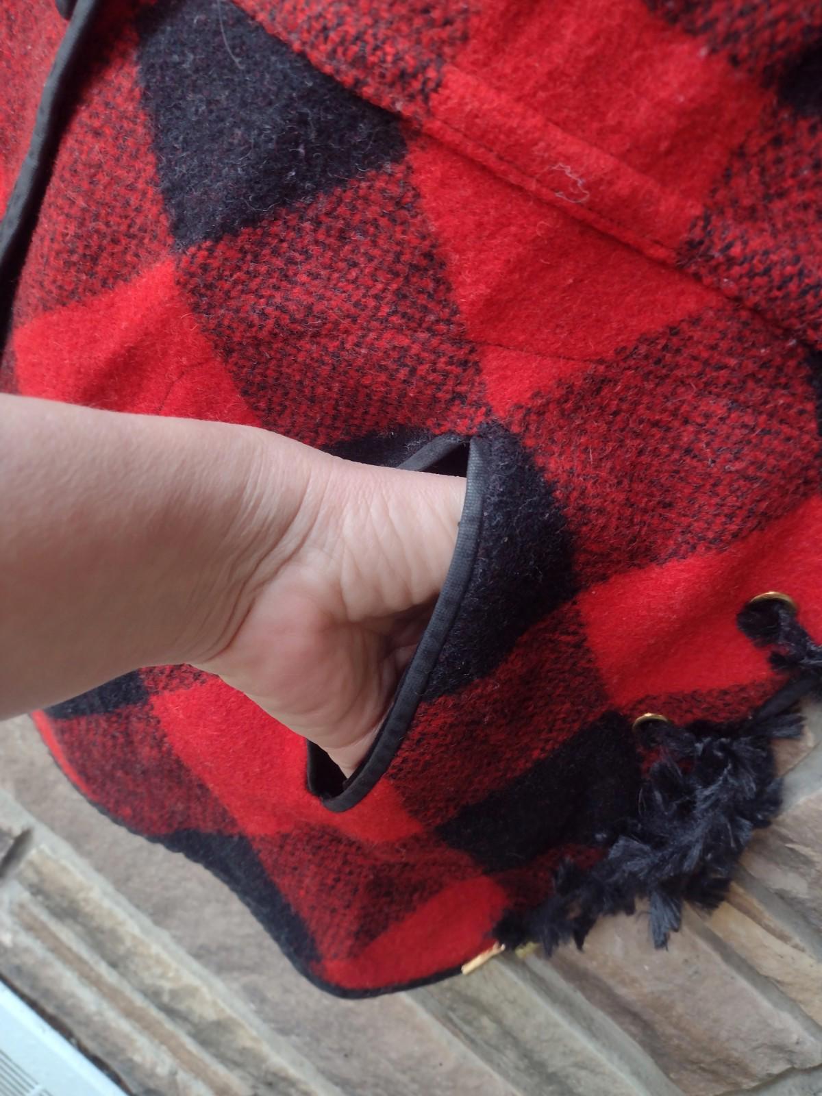Vintage 60s 70s Wool Buffalo Plaid Cape Poncho Red Black Laced Sides
