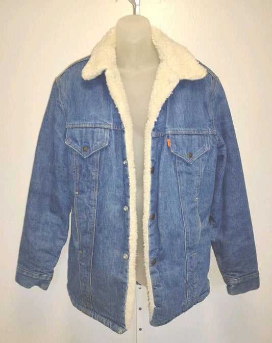 70s Levi’s Trucker Sherpa Lined Jacket Snap Front USA Made Orange Tab Sz 40