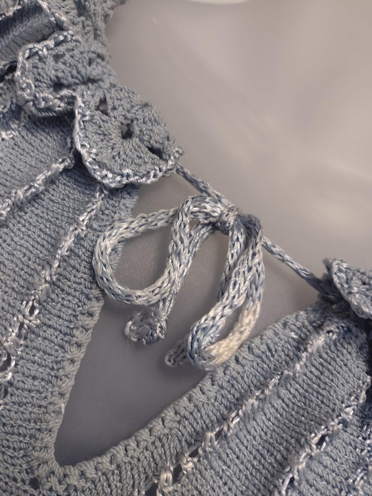 Vintage Miss JoAnn California Blue Knit Set Crochet Collar Top Skirt 1970s