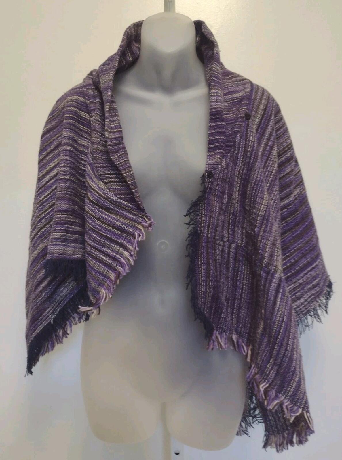 Handwoven Thai Cotton Poncho Purple Striped Fringe Shawl Snap Neck