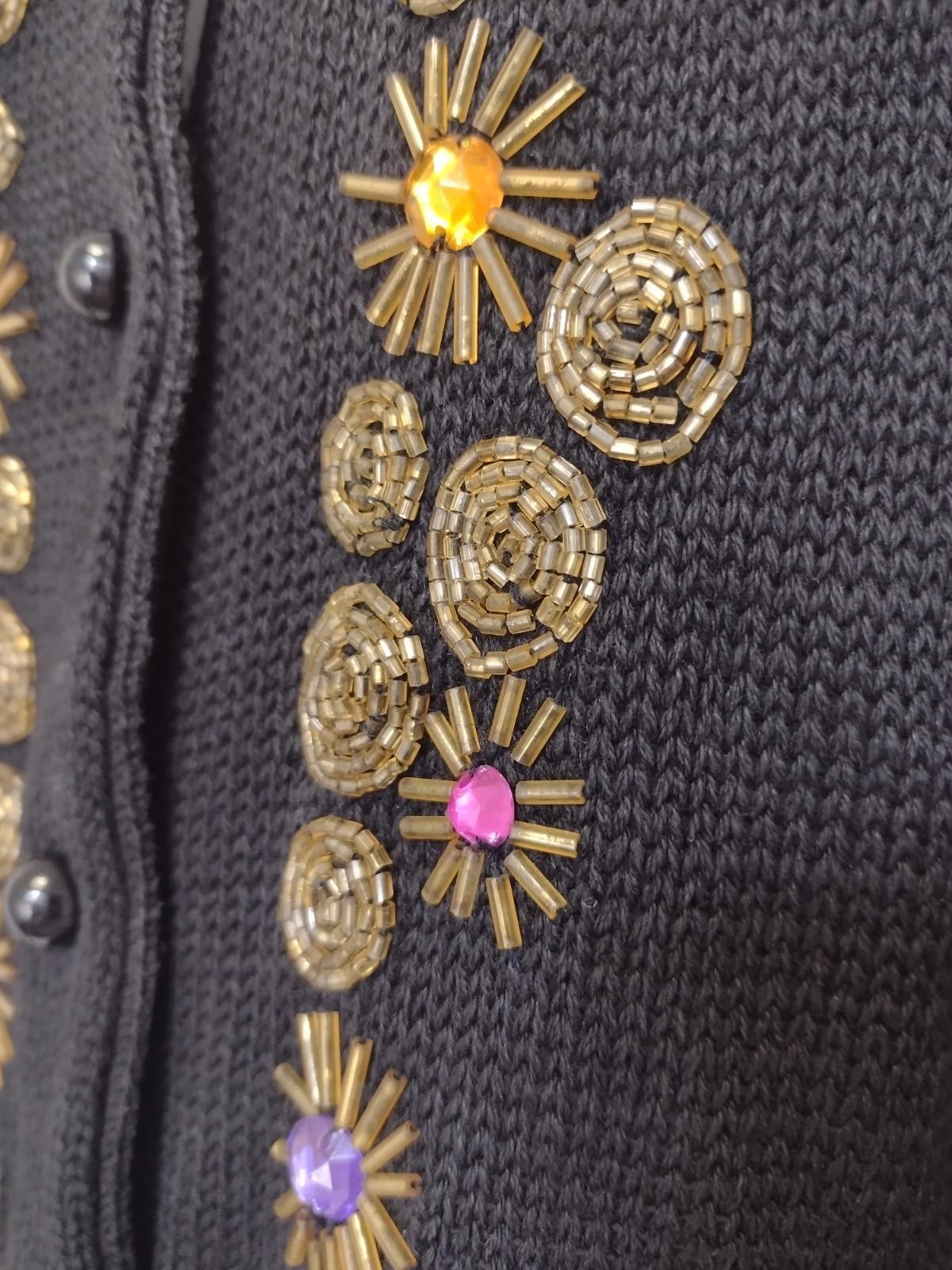 Vintage Trimmings Ramie Cotton Beaded Cardigan Sweater M Black Embellished