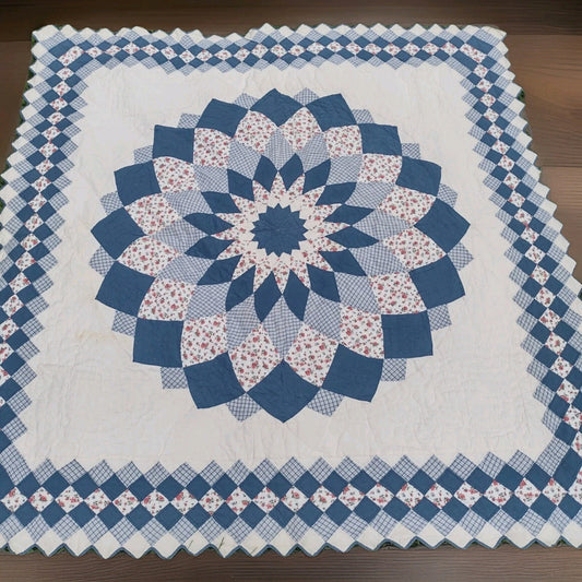 Vintage 80x80 Hand Quilted Floral Medallion Quilt Blue Cottagecore Full