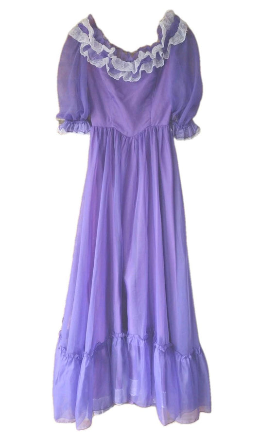 70s Purple Chiffon Prairie Gown Lace Ruffles Satin Lining S