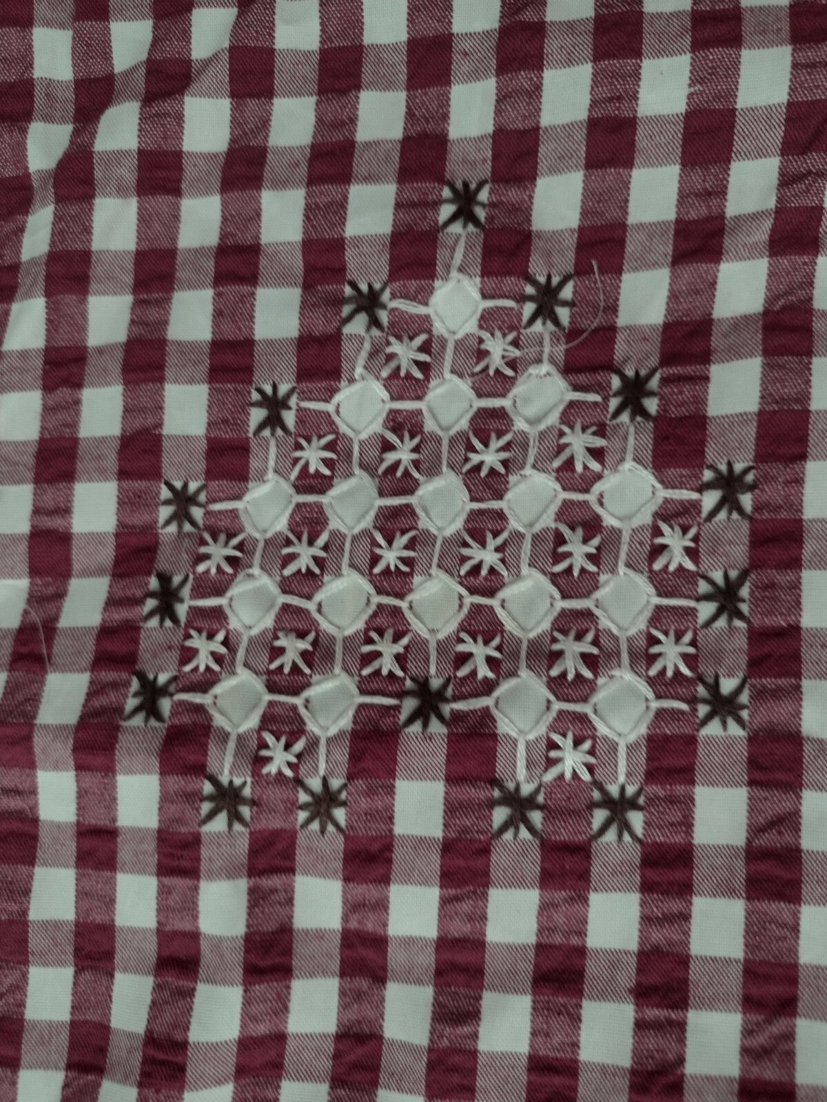 20 Vintage Chicken Scratch Gingham Quilt Blocks Hand Embroidered Folk Art