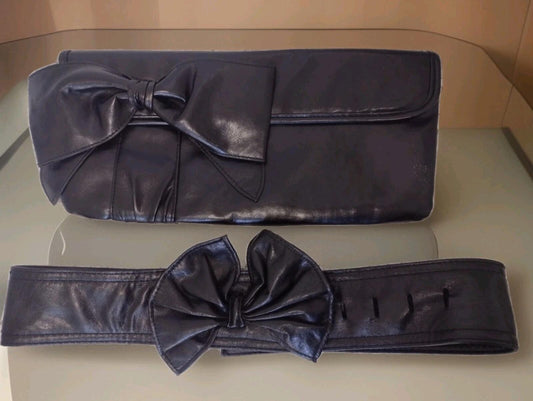 Vintage Black Faux Leather Bow Clutch & Matching Belt Set 80s 90s Evening