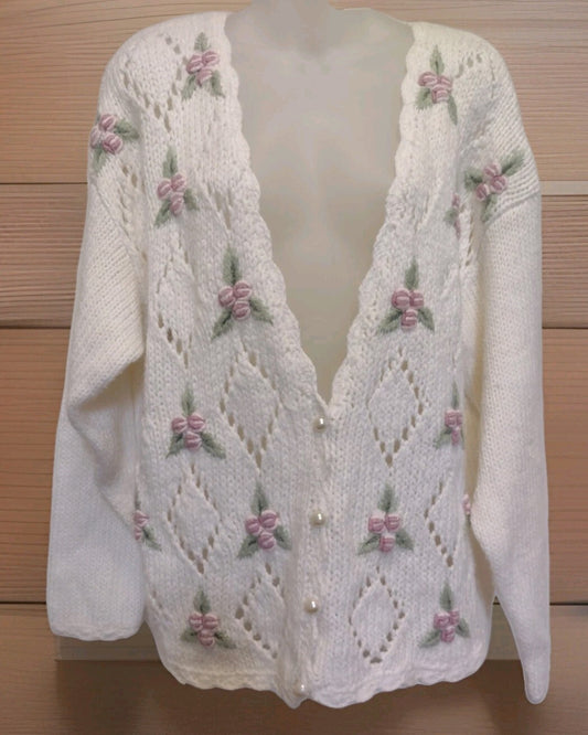 Vintage Maggie Lawrence Ramie Cardigan Embroidered Floral Cottagecore Coquette L