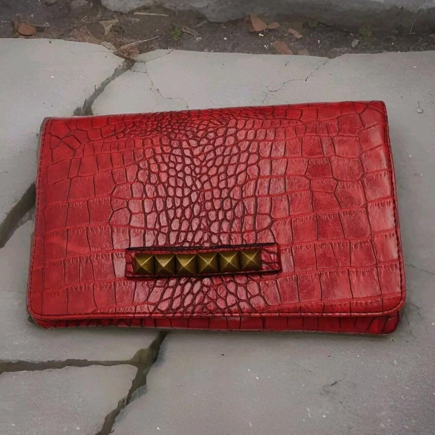 New Red Vegan Leather Croc Embossed Shoulder Bags / Clutch W Brass Stud Accents