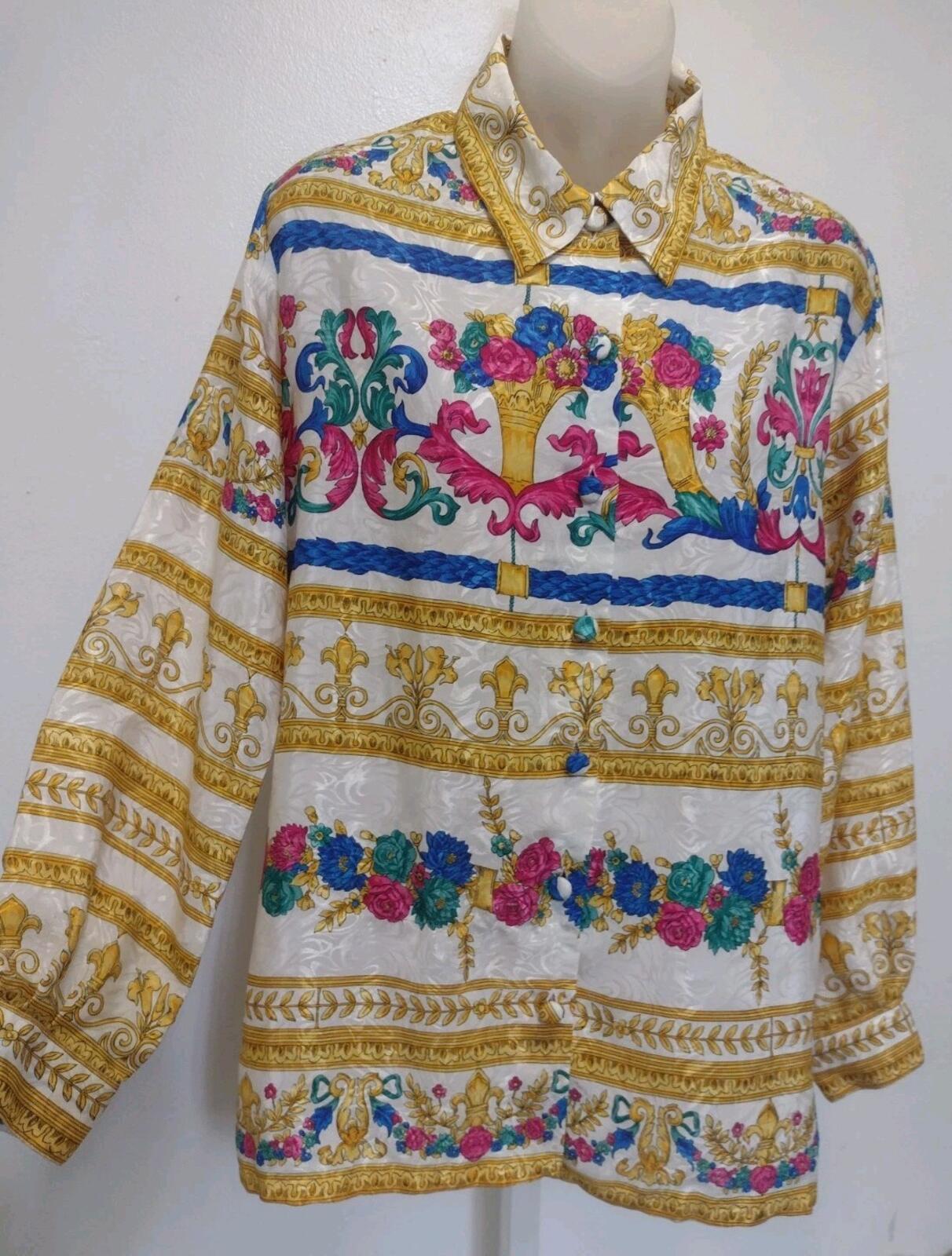 Pierre Cardin Baroque Satin Shirt L Gold Floral Scroll Vintage Luxe 80s