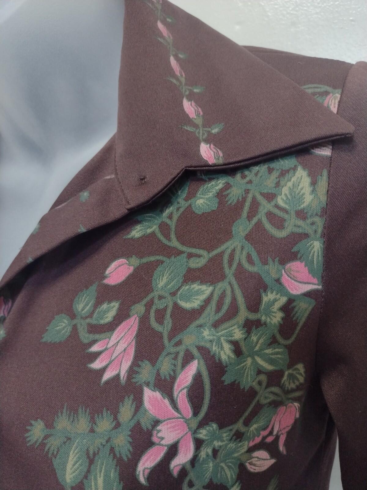 70s Brown Floral Print Button Up Blouse Long Sleeve Boho XS