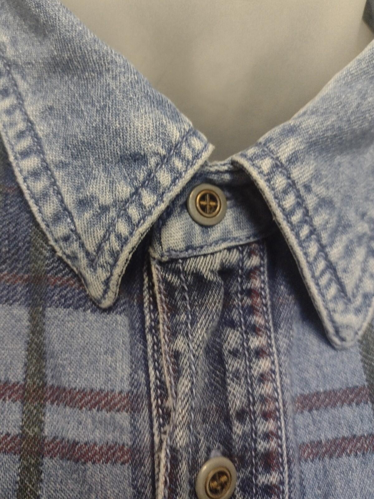 Vintage 90s Printed Plaid Denim Shirt Men’s L Grunge Double Denim Y2K Workwear