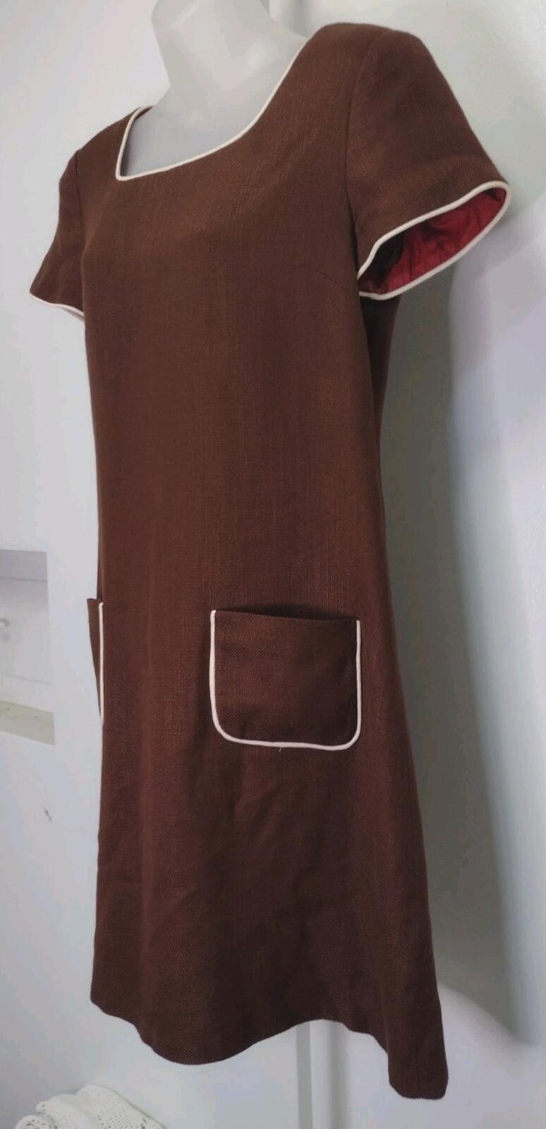 Vintage Donna Ricco Brown Woven Sheath Dress Size 10 Rayon Cotton Piped Pockets